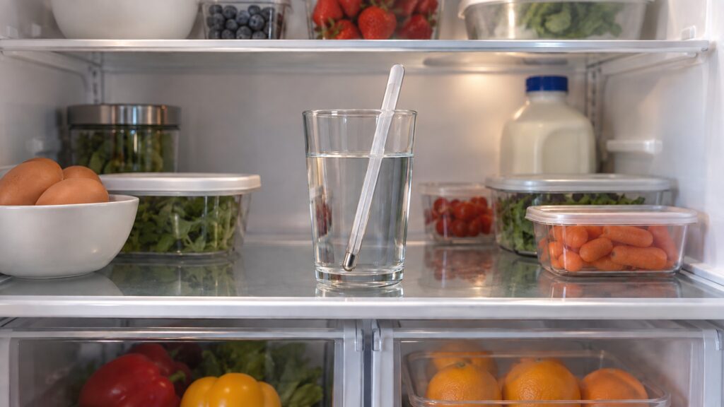 A thermometer standing in a glass of water on the middle shelf of a refrigerator
