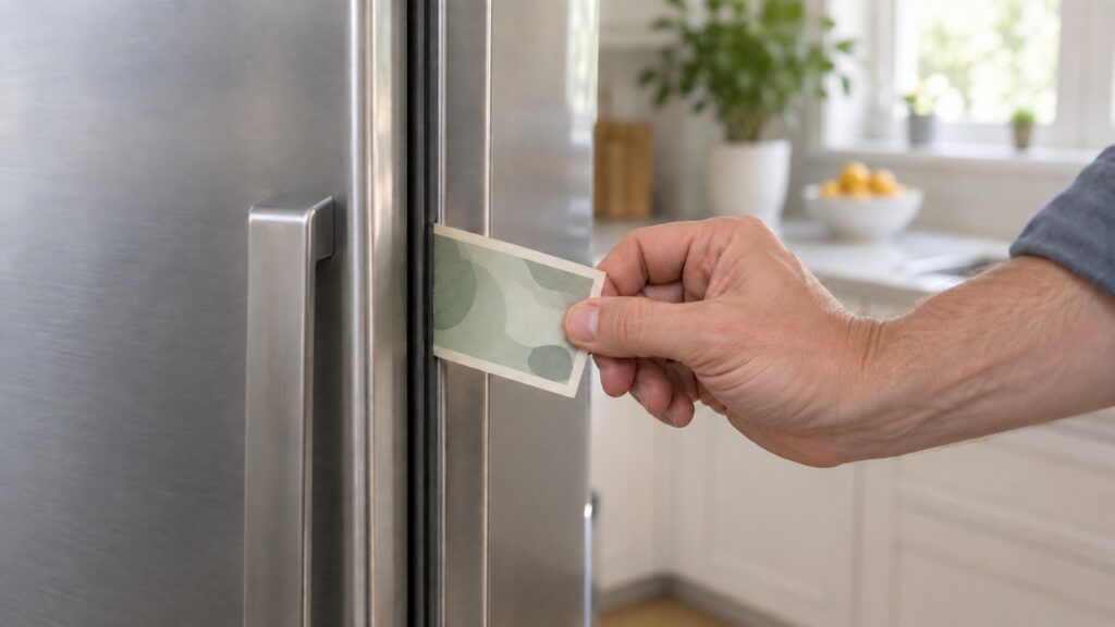 A banknote being pulled from a closed refrigerator door to test the gasket seal