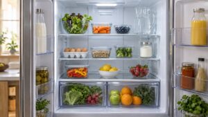 A well organized refrigerator interior with space left between containers on each shelf