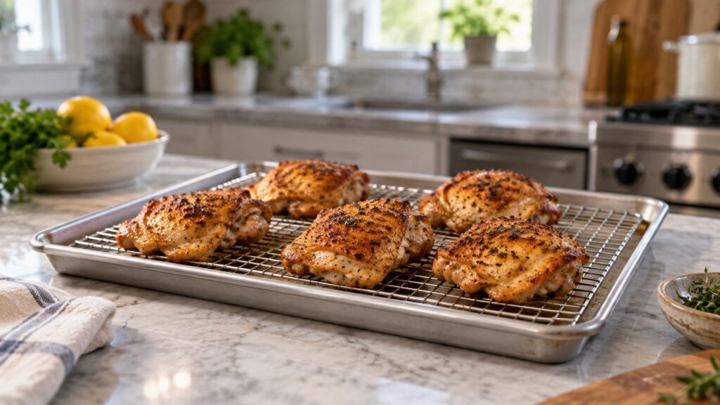 A wire cooling rack set inside a rimmed baking sheet with food arranged on top