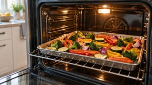 A tray of vegetables spread in a single layer on a perforated pan inside a lit oven cavity