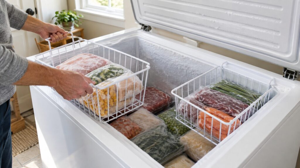 The open interior of a chest freezer with wire storage baskets lifted to show packages below