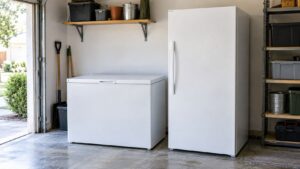 A chest freezer and an upright freezer standing side by side in a garage utility space