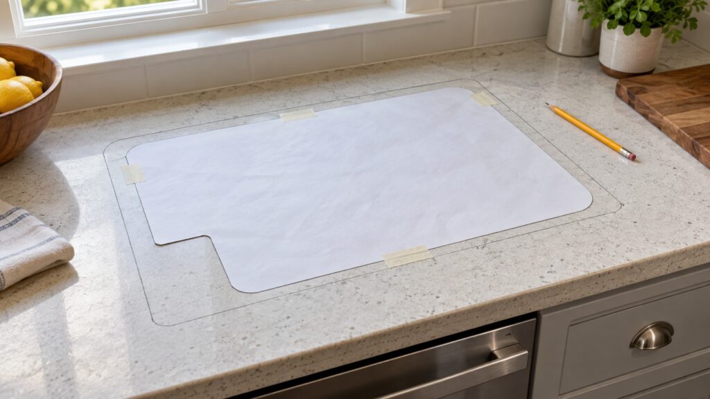 A paper installation template taped to a countertop with the cutout outline marked in pencil