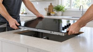 A cooktop being lowered into a rectangular cutout in a kitchen countertop