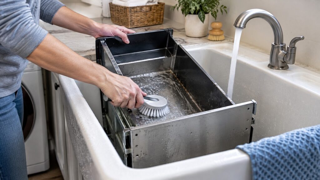 A removed compactor drawer being washed in a utility sink with a soft brush