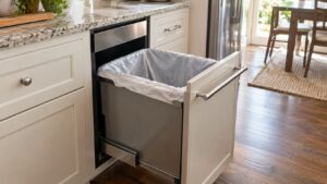 A built-in kitchen trash compactor drawer pulled open showing the bag inside