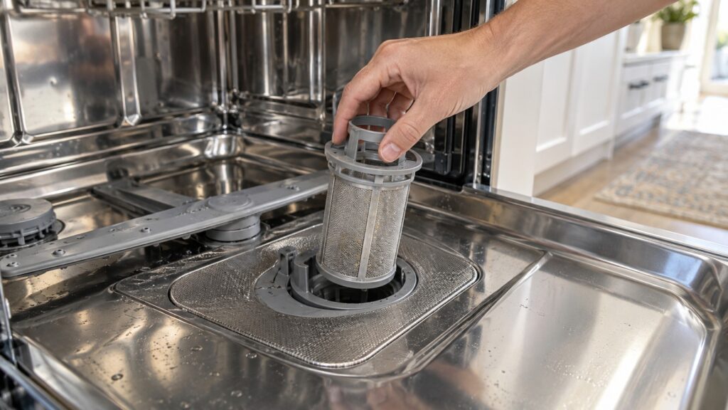 A hand lifting the cylindrical filter out of the base of a dishwasher tub
