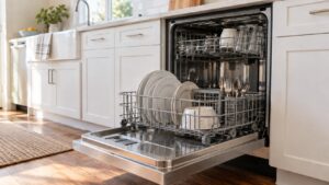 An open dishwasher door with the lower rack pulled out in a kitchen cabinet run