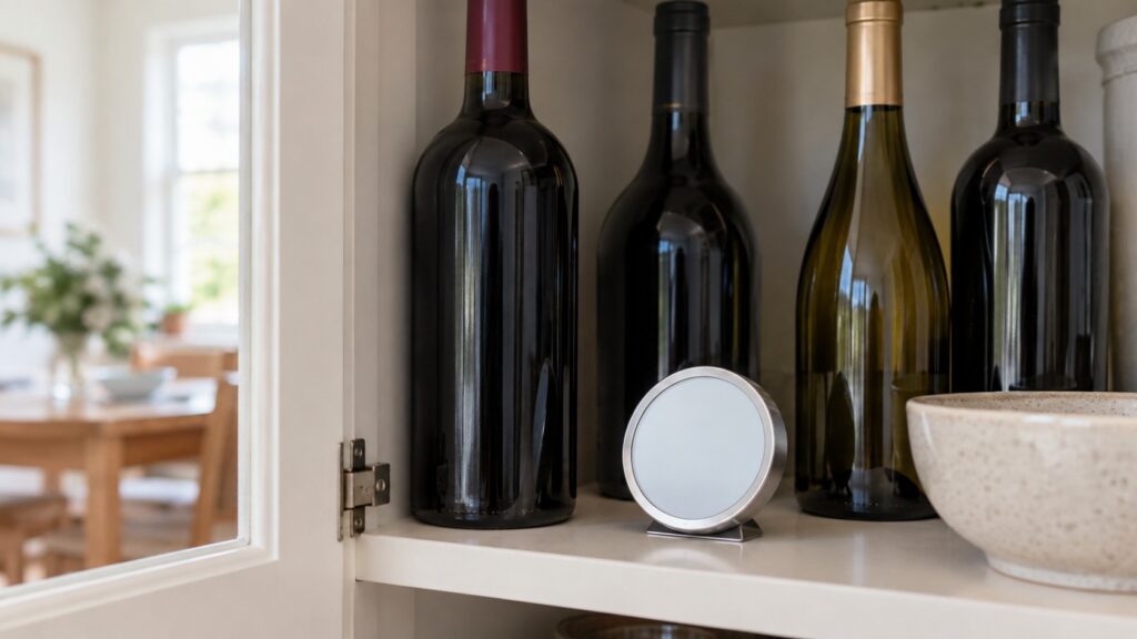 A small independent thermometer resting on a shelf between wine bottles inside a cabinet