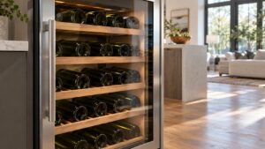 A glass fronted wine cabinet filled with bottles lying on their sides on wooden shelves